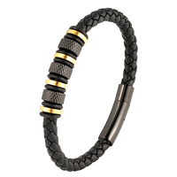 Bracelet en cuir tressé en pierre volcanique en acier inoxydable pour hommes, bracelet en corde tressée bohème, boîte cadeau