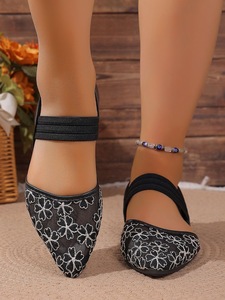 Women Floral Embroidery Mesh Slingback <b>Sandals</b> Pointed Toe <b>Elastic</b> Strap Flat Ladies Summer Dress Shoes - Product Image 5