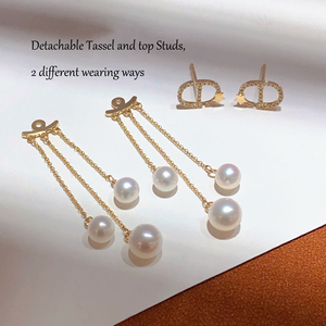 <span class=keywords><strong>Pendientes</strong></span> colgantes desmontables con borlas <span class=keywords><strong>y</strong></span> <span class=keywords><strong>perlas</strong></span> <span class=keywords><strong>de</strong></span> agua dulce, 18K, borlas doradas, 0.12ct VS, diamante - Product Image 2