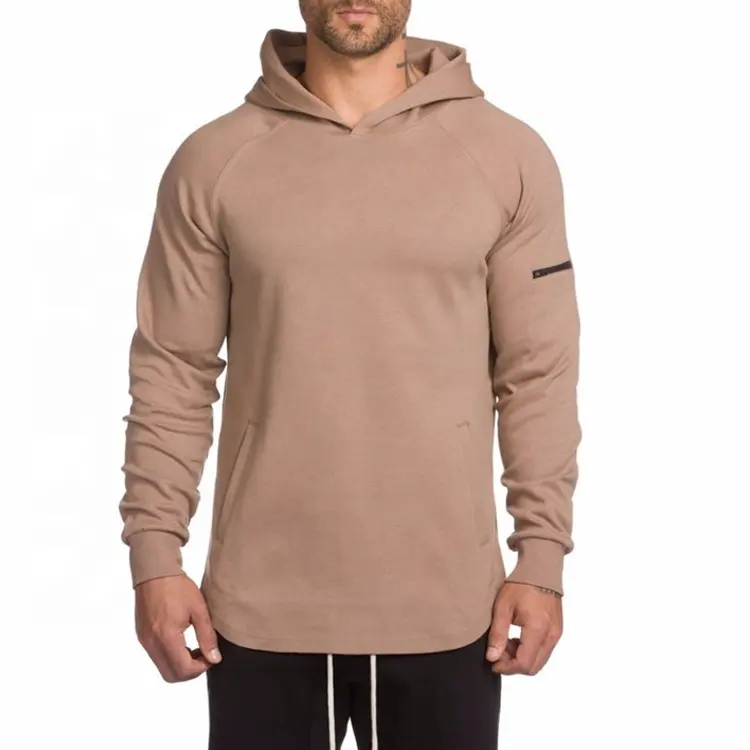 Plus size new fashion gym fitted longline curved hem muscle bodybuilding gym plain tops hoodies for men