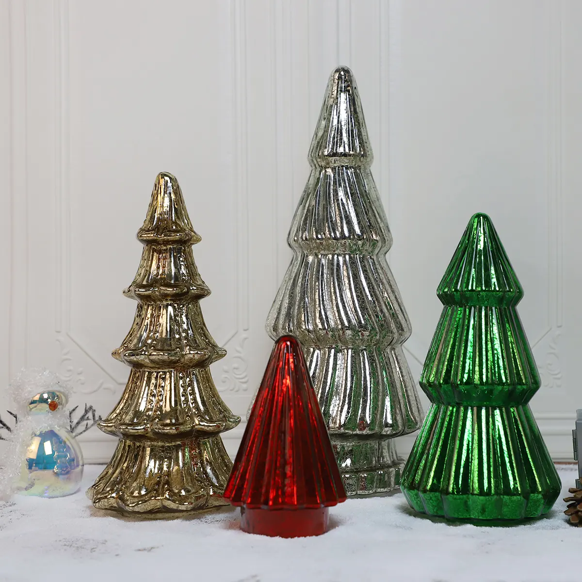Vintage Modern Artificial Green Red Silver Gold Ribbed Mercury Glass Tabletop Fir Christmas Tree Cloches Set With Led Lights