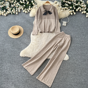 Conjuntos de 2 Piezas de Punto para <span class=keywords><strong>Mujer</strong></span>, Top de Manga Larga con Cuello y Detalle de Lazo, Pantalones Anchos de Cintura Alta, Atuendos Casuales para Otoño y Uso Diario - Product Image 3