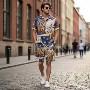 Ensemble deux pièces décontracté pour <span class=keywords><strong>homme</strong></span> : chemise à manches courtes imprimée et short – <span class=keywords><strong>Tenue</strong></span> d'été personnalisée pour usine de vêtements - Product Image 5