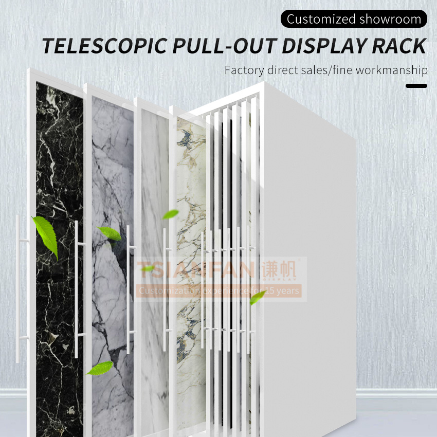 Tsianfan Customized Telescopic Metal Holder Panel Marble Granite Sliding Display System Rack Stand Stone Tile Sample Showroom