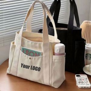 Eco-Friendly Canvas Cotton Tote Bag Customized Logo Handle Beach Shopping Bag with Zipper Recyclable and Durable-Wholesale - Product Image 1