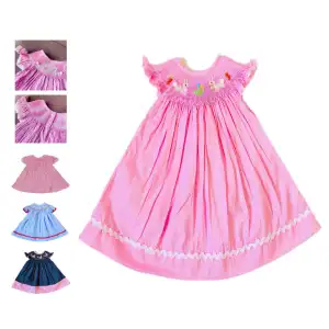 Yihui Wholesale Kids Frocks Hand Smocked Girls Dress flower cartoon Smock Dresses Pure hand-embroidered Easter bunny pattern