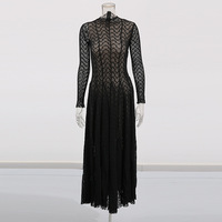 Robe longue élégante pour femme WIWT, à manches longues, col montant, en dentelle, coupe trapèze, décontractée, transparente, ajourée, pour soirée
