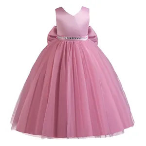 फैशन वी-नेक डिज़ाइन बच्चों की राजकुमारी पोशाक चमकदार स्फटिक गुलाबी लड़की शादी का गाउन 10 साल की लड़कियों के लिए ट्यूल वाली पोशाक