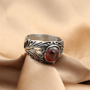 European American Style <b>Titanium</b> Steel Ruby <b>Ring</b> Silver Men's Retro Punk Flower Bezel Setting Gift Jewelry 280623 - Product Image 2