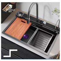 Évier de cuisine intelligent multifonctionnel moderne noir en acier à cuve unique avec cascade et affichage, anti-rayures, pour cuisine et salle de bain