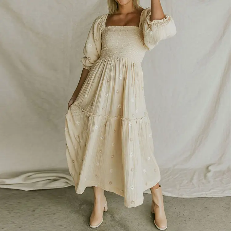 OEM Design Herstellung reine Baumwolle hochwertige Kleider benutzer definierte schulter freie Stickerei Kleider Frauen lange Maxi Sommerkleid