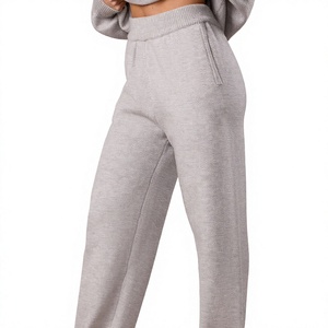 Pantalon de survêtement gris pour femme, taille haute, tricoté, coupe droite, taille élastique, décontracté, longueur intégrale, couleur unie - Product Image 1