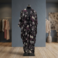 Robe longue kimono en mousseline brodée florale, style bohème ample, manches trois quarts, ourlet asymétrique, motif noir, violet et blanc