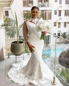 Robe de mariée sirène Mumuleo à col montant, perles brillantes et dentelle, style arabe Aso Ebi, manches longues, vintage, pour cérémonie religieuse - Product Image 1
