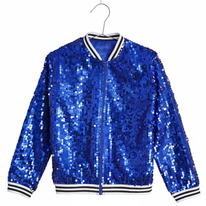 Girls <b>Sequin</b> Bomber <b>Jacket</b> Breathable Cotton Canvas Zip-Up Shiny Long Sleeve Flight Royal Blue Quilted Detachable Hat Hip Hop - Product Image 1