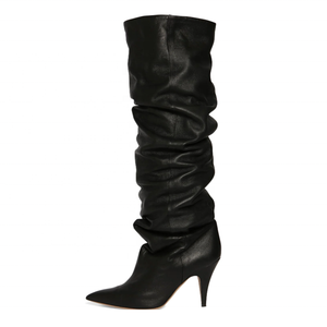 Bottes hautes plissées à talon aiguille, grande taille 46, coupe large et confortable, à bout pointu, pour femme - Product Image 2