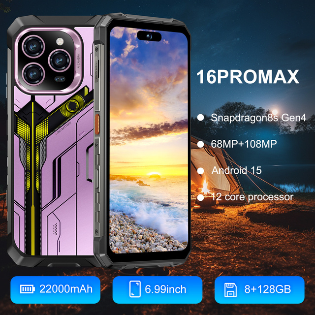 2026 New Rugged I16 Pro Max Android 15 Gaming Night Vision Water Resistant Fingerprint 120Hz LED HD French IP68 5G 32GB+2TB