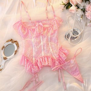 Conjunto de Lencería Sexy de 3 Piezas: Mono de Encaje Bordado con Aberturas, Body sin Tirantes, Tanga y Liguero con Aros de Soporte - Product Image 6