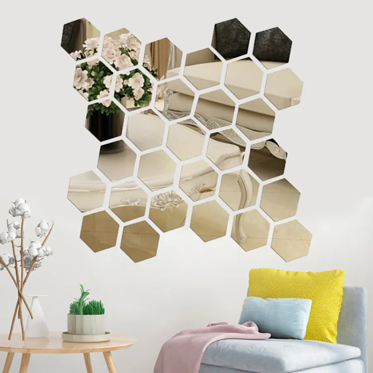 3D Wall Sticker Mirror Removable Acrylic Self Adhesive Mirror Wall Sticker Living Room Decorative Hexagon Mirror Wall Sticker