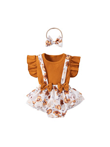 Conjunto de <span class=keywords><strong>Pijama</strong></span> para Bebé 3 en 1 con Top con Volantes, Pantalones Cortos con <span class=keywords><strong>Tirantes</strong></span> y Estampado Floral, y Diadema - Product Image 3