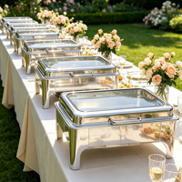 Plat de service de luxe en argent pour restaurant, avec fenêtre en verre, pour buffet, ensemble de chauffe-plats pour hôtel et traiteur