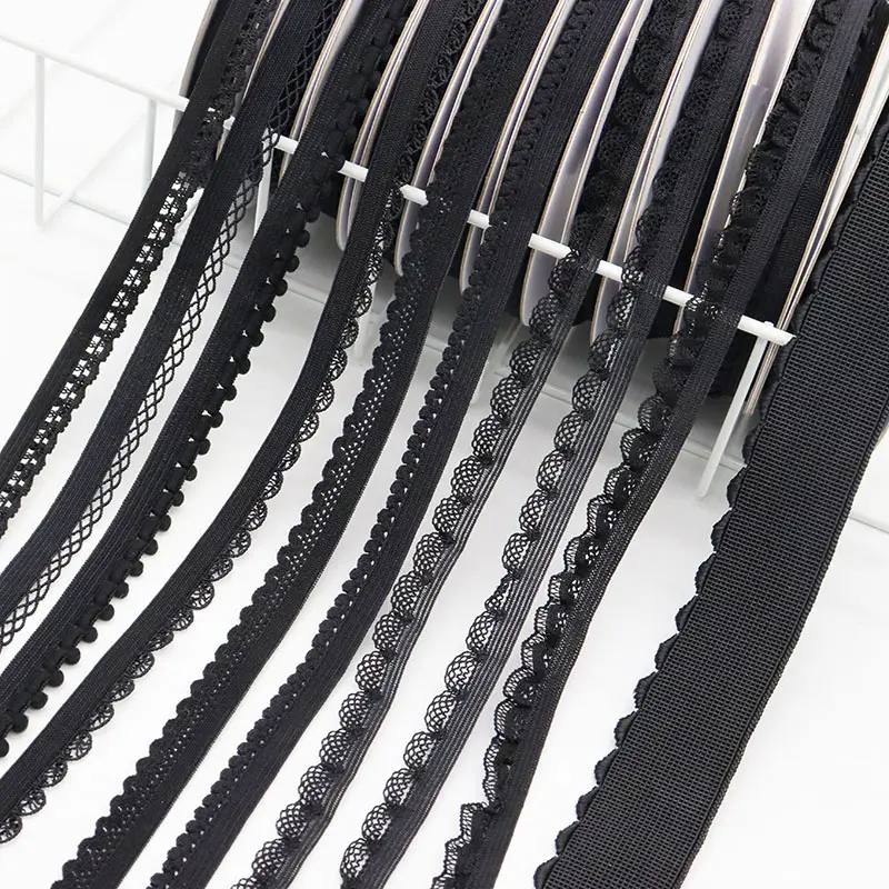 Nastro elastico in pizzo nero Spandex personalizzato per accessori per abbigliamento con fascia in pizzo cucito