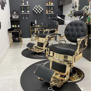 Antique Style Black Gold Tufted Leather Barber Shop Styling Shaving Chair Hydraulic Pump Round Base Hairdressing Chair for Sale - Product Image 1