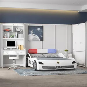 2021 बच्चों लकड़ी कार आकार बिस्तर बच्चों आधुनिक बेडरूम सेट पुलिस रेस कार बिस्तर