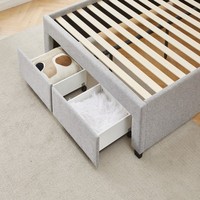 Meubles de chambre à coucher minimalistes luxueux, cadre de lit king size rembourré en tissu doux avec tête de lit double et rangement