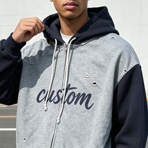 Sweat-shirt à capuche zippé personnalisé avec impression de lettres, style streetwear oversize pour homme, effet vintage usé - Product Image 2