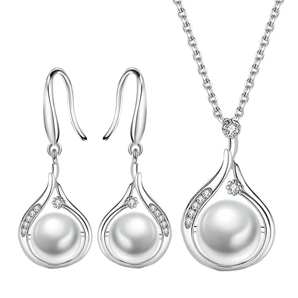 Glitter CZ Accent Pearl colgante cadena gargantilla collar pendientes colgantes conjunto joyería regalos para mujeres niñas