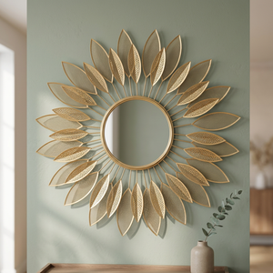 Round Brass <b>Wall</b> Mirror with Sunburst <b>Leaf</b> Design <b>Decorative</b> Framed Edge for Living Room Bedroom - Product Image 5