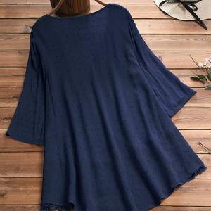 女式复古实心休闲棉亚麻衬衫大码<span class=keywords><strong>M</strong></span>-5XL v领短袖蕾丝装饰宽松上衣腮红 - Product Image 5