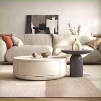 Table basse en bois moderne et élégante avec rangement, surface lisse, design durable, forme irrégulière, meuble de salon, garantie 3 ans