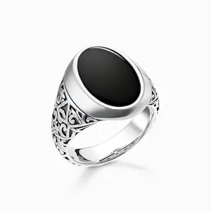 Cincin akik Onyx hitam Oval, cincin Aqeeq, Perhiasan Pria Turki, batu Feroza penyembuhan kristal 925, cincin perak murni untuk pria