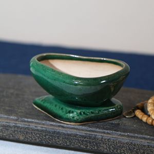 Ceramic Bonsai <b>Pot</b> With Tray <b>Small</b> Miniature Handmade Unique Shape Green Glaze For <b>Indoor</b> <b>Plants</b> - Product Image 4