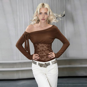 T-shirt à manches longues à épaule dénudée en dentelle sexy pour femmes Noir Coupe ajustée Transparent Mode Décontracté Haut de base - Product Image 5