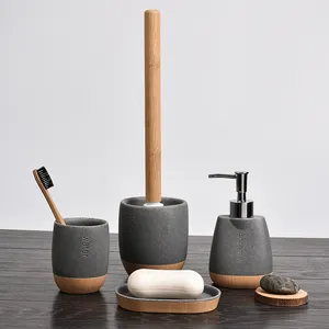 Ensemble d'accessoires de salle de bain en résine grise, effet béton, peint à la main, Grain de bois, 4 pièces