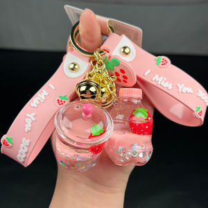 Nuevo Llavero Líquido Kawaii <span class=keywords><strong>2023</strong></span>, Lindo Llavero con Forma de Taza de Té con Leche y Fresa, Botella de Bebida, Anillo Flotante con Boba - Product Image 1