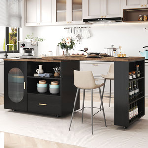 Îlot de cuisine extensible avec plan de travail en bois foncé, armoire frontale en verre noir, étagères de rangement et roulettes - Product Image 2