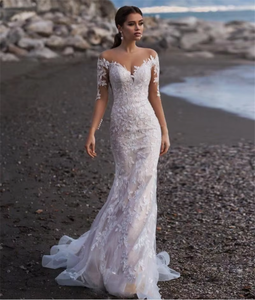 Новинка 2026: Свадебное платье в новом стиле с низкой спинкой, глубоким V-образным вырезом, длинными рукавами, драпировкой, аппликацией, кружевом и шифоном, длиной в пол - Product Image 3