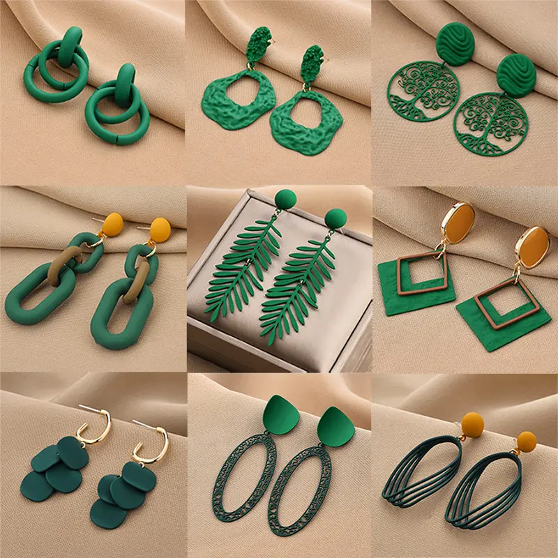 Green earrings silver needle exaggerated light luxury high sense earrings fashion everything temperament studs personality earri