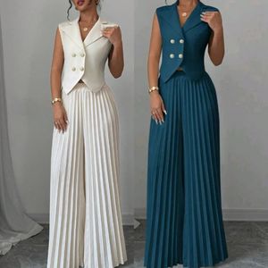 Dantel kumaş ofis giyim için moda kıyafetler yaka v yaka yelek & pileli geniş bacak pantolon seti iki parçalı kadın giyim - Product Image 5