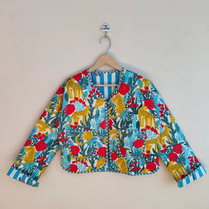 Chaqueta Acolchada de Algodón con Estampado de Tigre para Mujer, Chaqueta Bomber Boho Hecha a Mano, Ropa Exterior con Estampado Animal, Chaqueta Kimono Ligera Reversible - Product Image 1