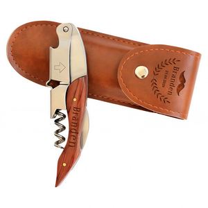 Ouvre-bouteille en bois gravé sur mesure avec étui en cuir - Tire-bouchon portable en acier inoxydable 3 en 1 - Cadeau personnalisé pour les hommes amateurs de vin - Product Image 1