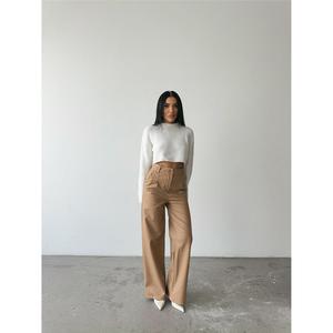 Pantalon palazzo en cuir taille haute pour femme, respirant, en toile beige avec ceinture élastique, taille XL, motif formel délavé coloré - Product Image 6