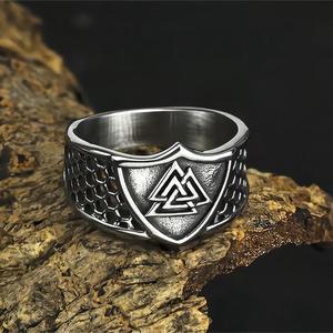 Men's Titanium Steel <b>Ring</b> Shield Shape Viking Triquetra Logo Hip Hop Style Gift Jewelry 03608 Steel Color - Product Image 1