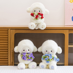 Peluche di Agnello Bianco Carino con Bouquet di Rose Viola, Morbido Pupazzo Imbottito per Bambini, Regalo di Compleanno per Fidanzata, Decorazione - Product Image 1