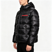 Blouson matelassé noir brillant pour homme avec capuche, rayures rouges sur la poitrine, fermeture éclair, poignets côtelés, long, imperméable, personnalisé, idéal pour l'été