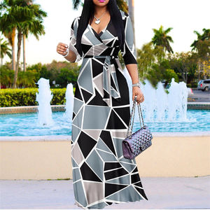 2024 automne nouveauté grande taille vêtements pour femmes imprimé col en v décontracté longue robe élégante à manches longues Maxi robe dames - Product Image 4